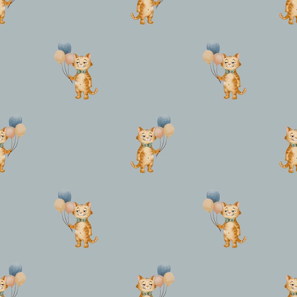 浅蓝色背景下可爱猫咪气球图案，适用于纺织品和纸品设计图片下载