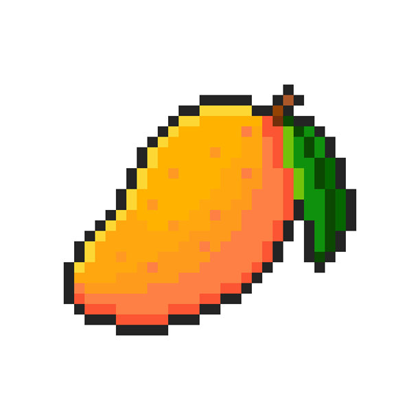 像素风格的芒果，孤立在透明背景上。像素化徽章，电子游戏素材或街机物品。水果图标。采用16位复古风格的矢量像素艺术插画。图片下载