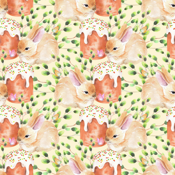 米色背景上兔子、蛋糕、柳树和蝴蝶的无缝图案。水彩插画。适用于织物、壁纸、包装纸、贺卡、设计、装饰和插画。图片下载