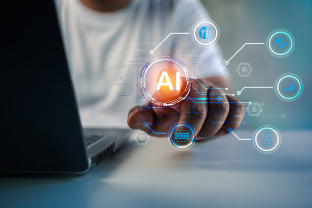 屏幕上的人手与人工智能工作流程互动。人工智能流程的概念。图片下载