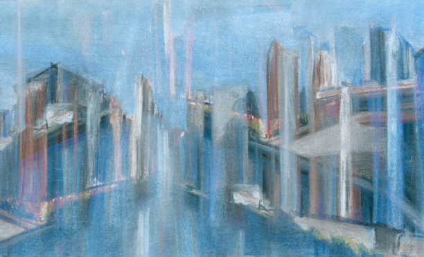 未来都市，坐落于海岸边的城市，沐浴在阳光下。现代城市的插画风格手绘背景。图片下载