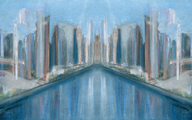 未来大都市，坐落于海岸边，沐浴在阳光下。现代城市的插画，适合用作背景。图片下载