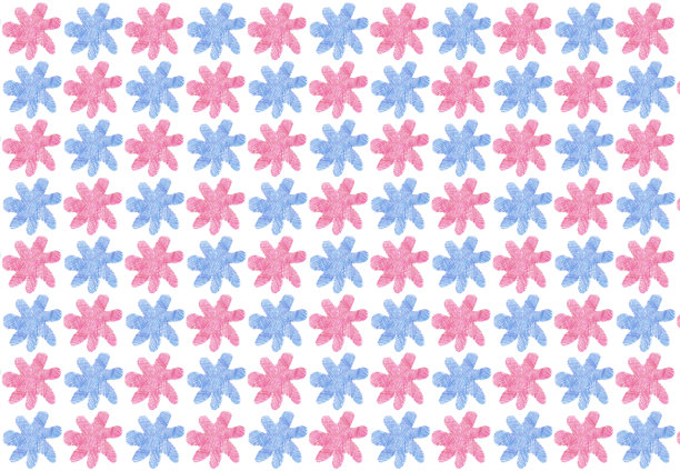 粉色和蓝色花朵形状的无缝儿童图案。手绘铅笔素描风格插画。十字笔触填充。图片下载