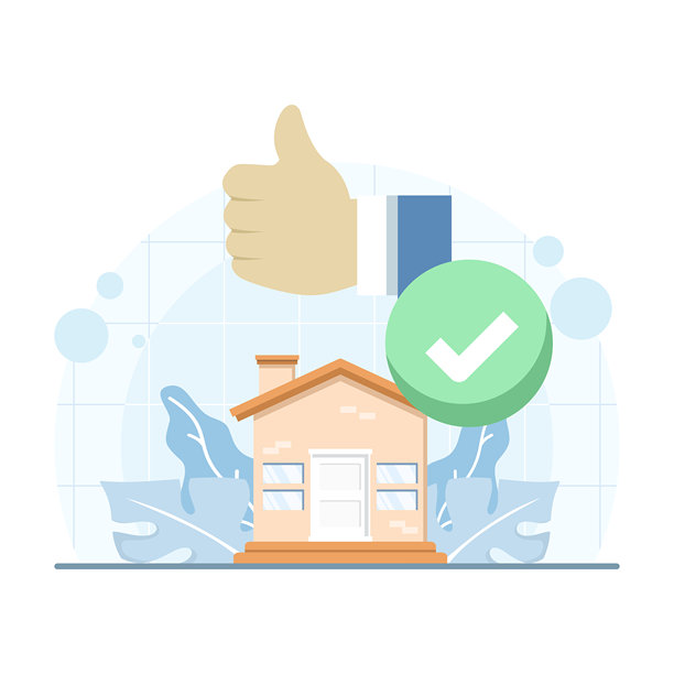 房产中介手势点赞，旁边有一个小房子。扁平化矢量插画，适用于购房、选房、房产审批和住房概念。图片下载