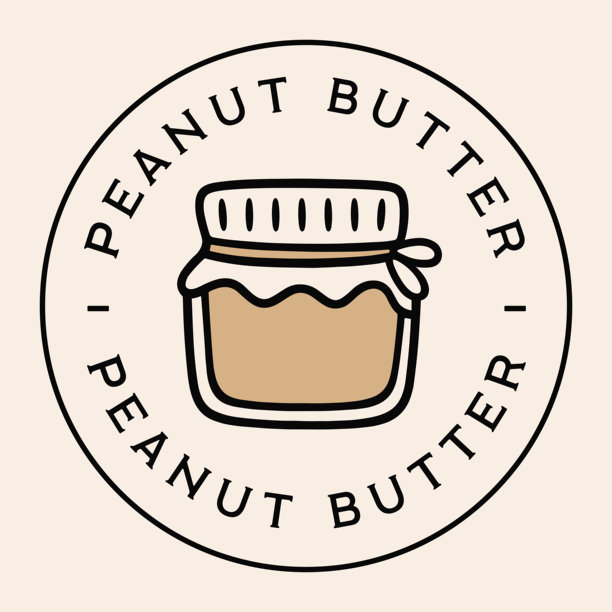 花生酱罐包装圆形徽章标签贴纸设计圆形框架印章标签天然坚果味涂抹产品复古复古美学插画印刷图片下载