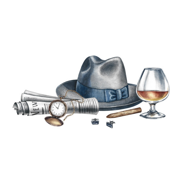 男士配饰，包括帽子、报纸、手表和一瓶白兰地配雪茄。手绘水彩插画，复古风格。适用于明信片、横幅和传单，适合男士节和父亲节的祝贺。图片下载