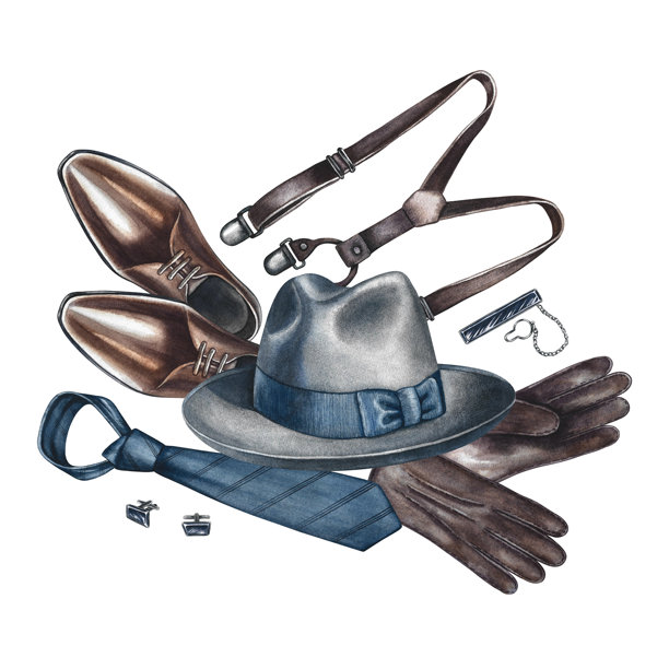 男士配饰构图。手工水彩插画。复古风格男士时尚单品。适用于明信片、横幅、男士节、父亲节、单身派对。图片下载