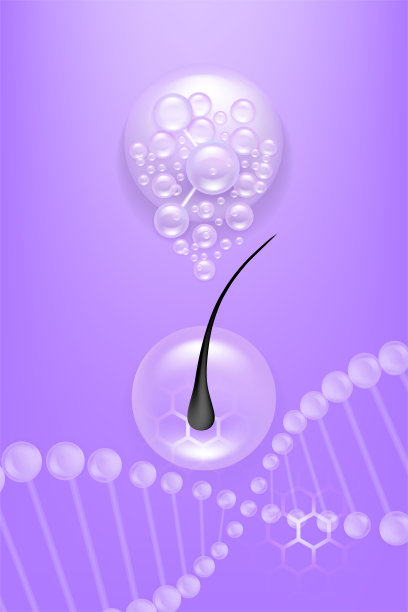 透明质酸和烟酰胺护发护肤精华广告，紫色胶原蛋白精华滴入细胞，背景为化妆品广告，插画矢量图。图片下载