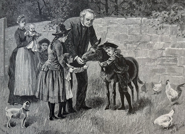 复古插画——一家人与农场动物在户外，包括一头骡子和鸡图片下载