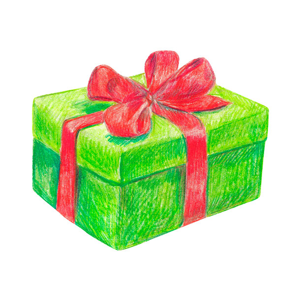 手绘插画，包含一个用于平面设计的礼物盒。孤立的彩色铅笔插画，背景为白色。新年系列。图片下载