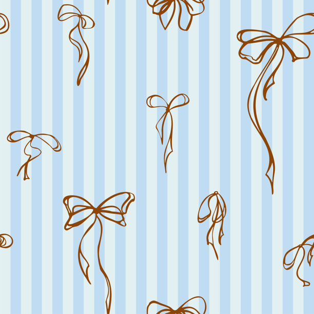 纤细条纹背景上带有长而优雅尾巴的精致小蝴蝶结。手绘墨水风格的无缝图案，独立插画。适用于笔记本、纺织品印花、配饰。圣诞节、情人节、复活节图片下载