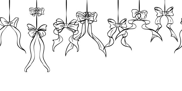 逼真的优雅褶皱的礼品蝴蝶结链条，悬挂在绳子上的花环。手绘墨水风格的无缝横幅矢量插画。包装纸设计，婴儿送礼会，庆典装饰。图片下载