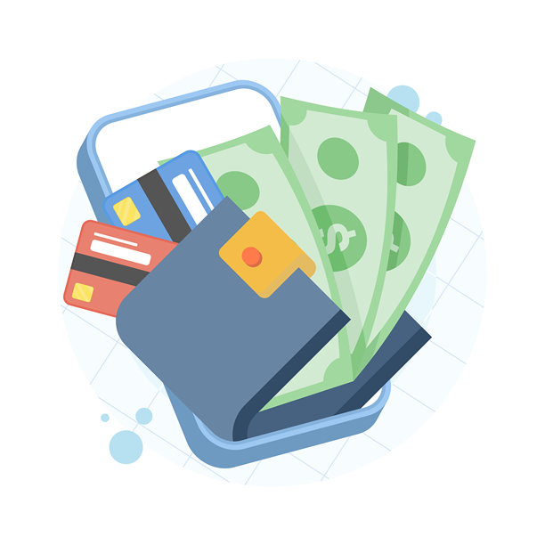 数字支付概念插画，展示了带有支付卡和现金的智能手机和钱包。适用于移动支付、金融科技、网上银行和金融技术主题。图片下载