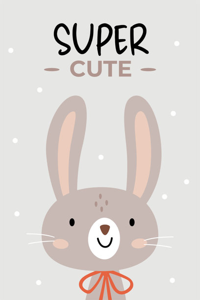 可爱的兔子脸，有大耳朵、红脸颊和领结。上方有“Super Cute”文字。极简粉彩色插画，背景为灰色波点。非常适合儿童装饰或贺卡。图片下载