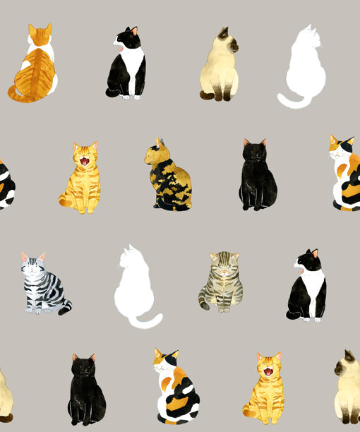 一只可爱的坐着猫咪的无缝图案。手绘水彩动物/宠物插画背景素材。图片下载