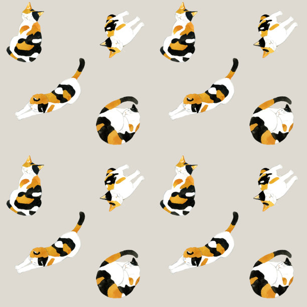 可爱的三花猫无缝图案。手绘水彩动物/宠物插画背景素材。图片下载