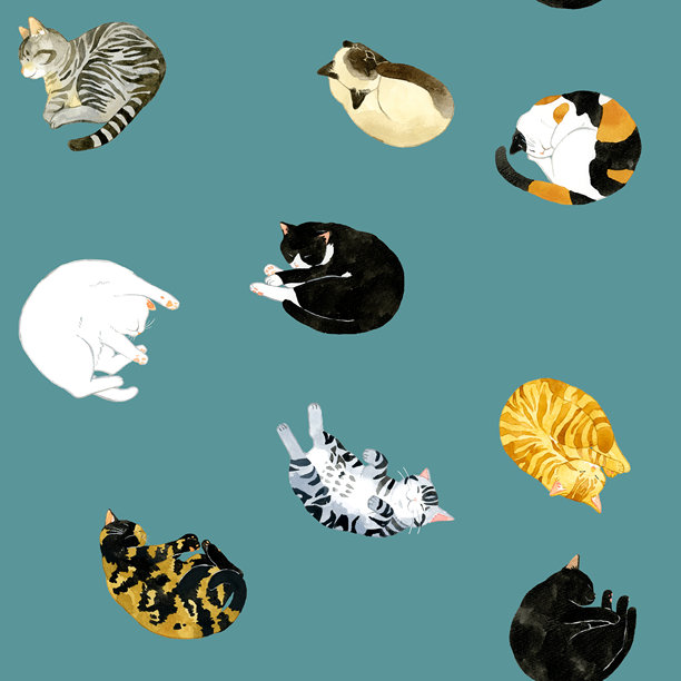 一只可爱的猫咪正在睡觉的无缝图案。手绘水彩动物/宠物插画背景素材。图片下载