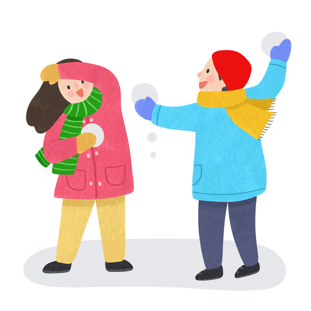 两个孩子打雪仗的插画图片下载
