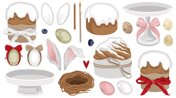 手绘复活节插画，包含复活节蛋糕、彩蛋、鸟巢、蝴蝶结和蜡烛，春季节日系列图片下载