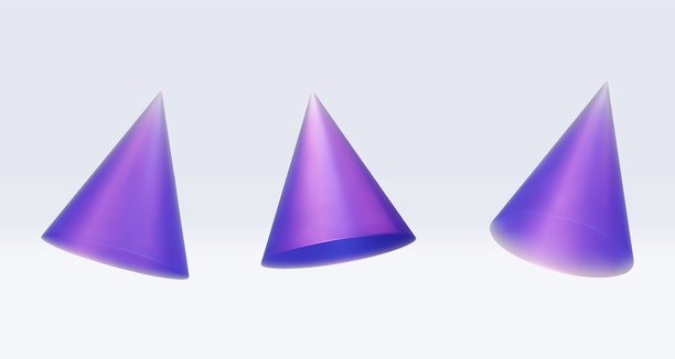 三维虹彩全息圆锥、金字塔。渲染几何图形，颜色为紫色、粉色、蓝色。矢量插图，孤立在白色背景上，用于设计项目、产品展示、演示和广告。图片下载