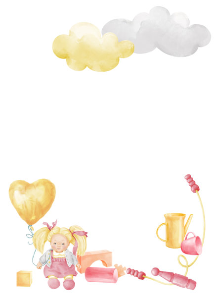 儿童生日邀请函的垂直卡通风格边框。包含云朵、玩偶、气球和女孩玩具。粉色和黄色调的手绘水彩插画，用于白色背景上的贺卡。适合照片、横幅图片下载