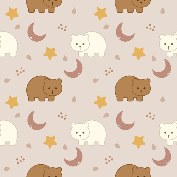 可爱至极的熊，白色和棕色卡通风格，背景是月亮和星星。无缝图案矢量插画。图片下载