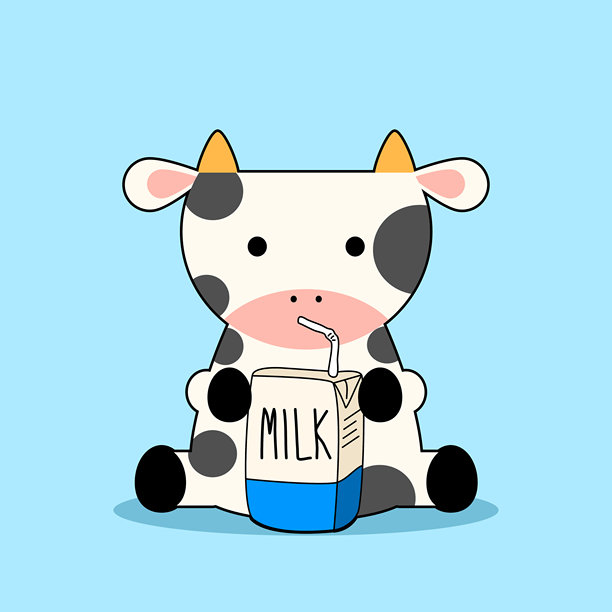 一只非常可爱的奶牛喝牛奶的卡通图。浅蓝色背景。矢量插画。图片下载