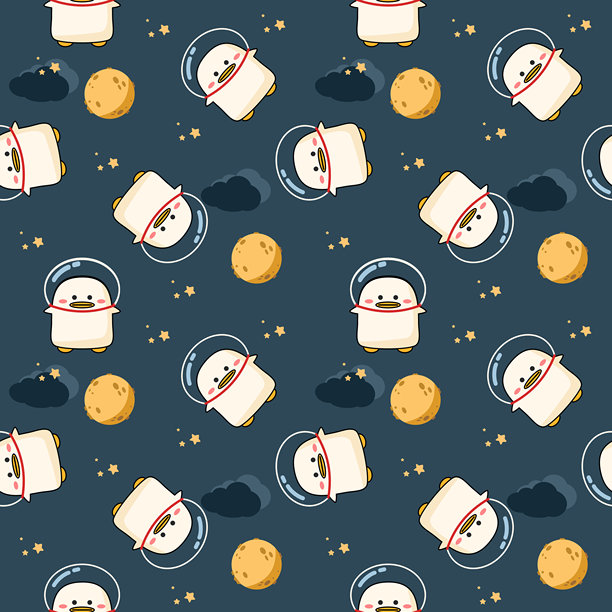 太空中的可爱卡通鸭子。背景为月亮、云朵和星星。无缝图案矢量插画。图片下载