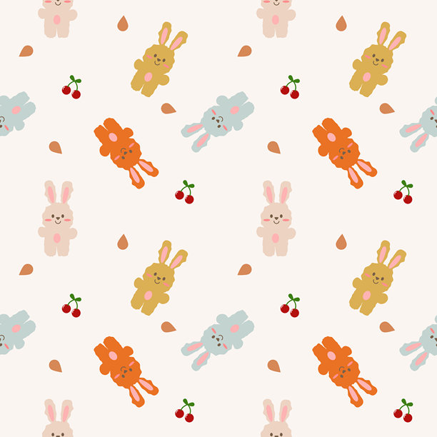 兔子卡通配色，如此可爱。叶子和樱桃背景。无缝图案矢量插画。图片下载