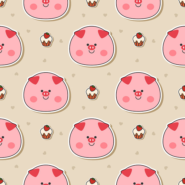 可爱的猪猪卡通脸，在带有爱心背景的杯子蛋糕上。无缝矢量插画图案。图片下载
