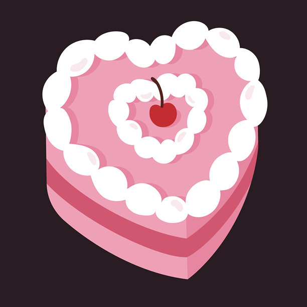 带有鲜奶油边和樱桃的桃心形粉色蛋糕，背景为深色。插画风格的甜点，适用于情人节贺卡、浪漫烘焙品牌、海报、贴纸和节日设计。图片下载