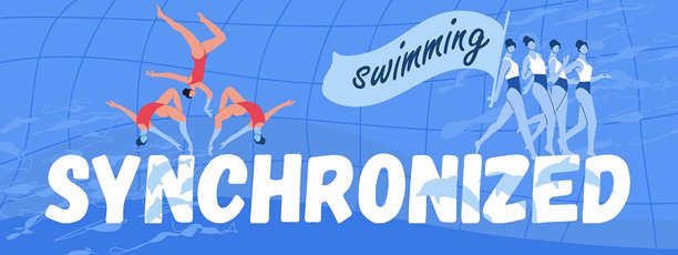 同步游泳文字，女子团队表演。手绘矢量插画。图片下载