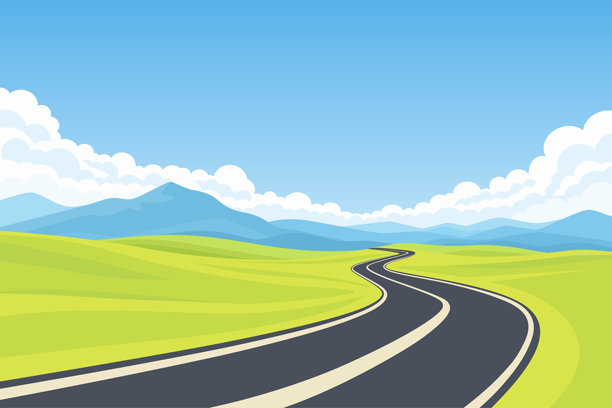 蜿蜒的道路风景，矢量插画。穿过绿色山丘的风景公路，有蓝色的山脉和云彩。夏日乡村背景。弯曲的柏油路透视。旅行横幅图片下载