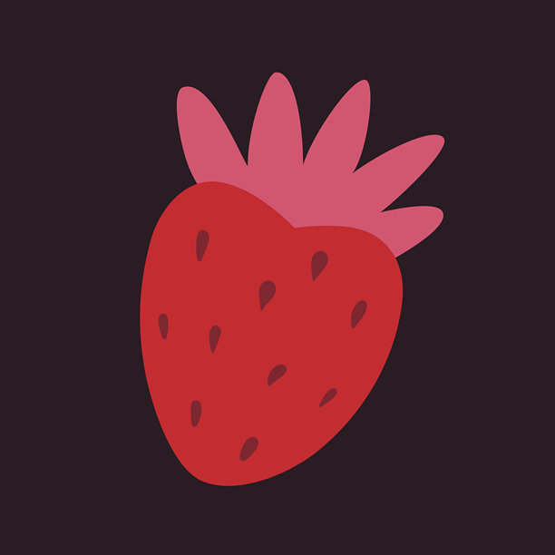 深色背景上的草莓插画，描绘了鲜红的浆果和粉色的叶子。非常适合情人节贺卡、食品包装、贴纸、社交媒体帖子和甜蜜的夏日项目。图片下载