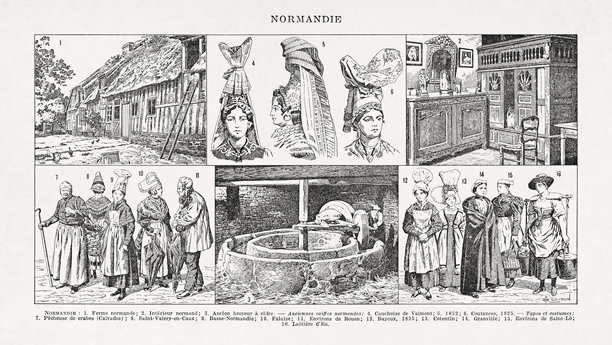 关于诺曼底及其文化的复古黑白插画图片下载