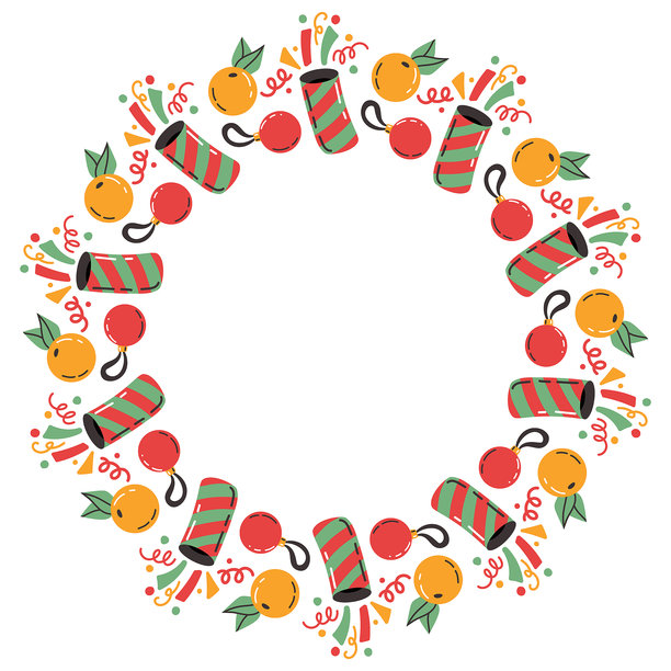 节日圆形边框，饰有烟花。带有水果和圣诞装饰的圣诞花环。图片下载