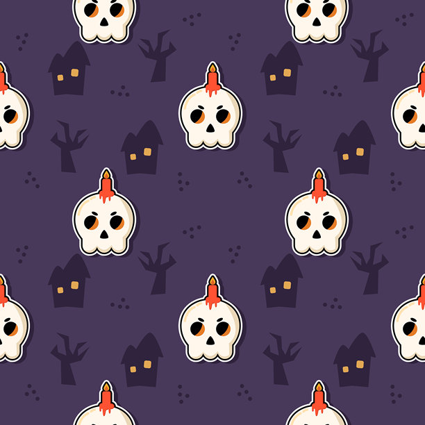 可爱的骷髅和蜡烛卡通图案，背景是紫色树屋。万圣节快乐。无缝矢量插画图案。图片下载
