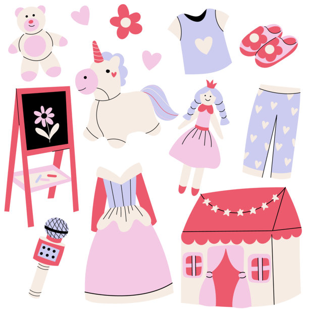 扁平化矢量儿童玩具和装扮套装，包含玩偶、独角兽、衣物、游戏屋和配件。可爱的彩色儿童插画，非常适合用于托儿所设计、童装、游戏室和教育主题。图片下载
