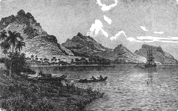 1899年，塔希提岛的华欣岛，拥有郁郁葱葱的山脉和海岸景观，展示了社会群岛的风光和波利尼西亚之美，老式插画。图片下载