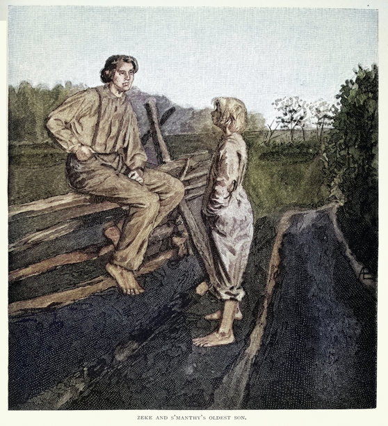 两个赤脚的乡村男孩，坐在栅栏上，场景来自《格雷森一家：伊利诺伊州的故事》19世纪复古插画图片下载