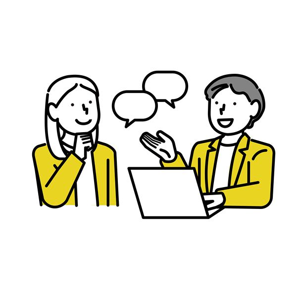 西装革履的男女在电脑前交谈的插画：会议：解释图片下载