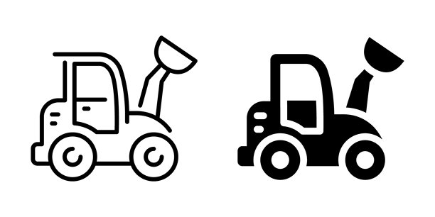 单色建筑图标集：线性拖拉机插画与实心拖拉机插画图片下载