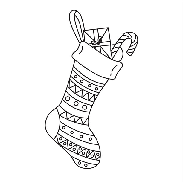 黑白圣诞袜简笔画，手绘，剪贴画。适用于明信片、邀请函。艺术疗愈、成人及儿童填色本的矢量插画。图片下载