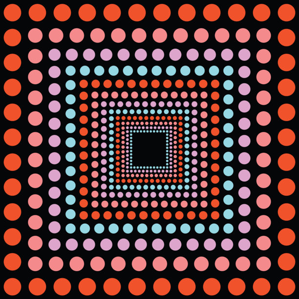 黑色背景上，霓虹橙色、桃色、淡紫色和浅蓝色圆形方块组成的视觉效果，尺寸逐渐减小图片下载