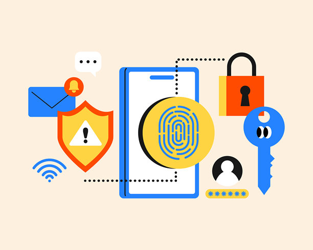 数字安全与移动数据保护。云系统。IT公司。增强安全性。指纹识别系统。可爱简约风格插画。图片下载