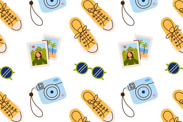 平面的卡通矢量插画，以年轻人图案为主题，包含拍立得相机、即时照片、太阳镜和运动鞋，风格时尚现代，主题为休闲生活方式，设计为无缝的时尚印花图案。图片下载