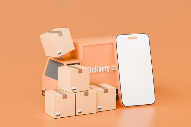 一个带有空白屏幕模拟界面的3D橙色送货卡车，以及带有条形码扫描图标的包裹盒。概念是快速配送服务和在线购物。孤立在橙色背景上。3D渲染图片下载