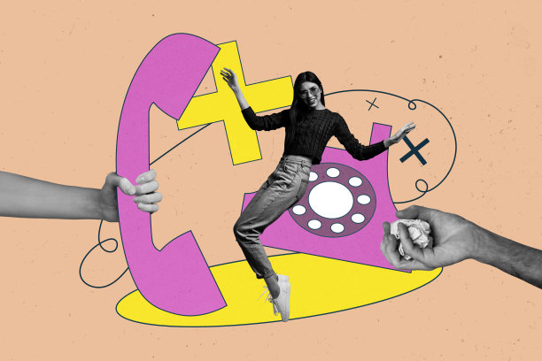 潮流艺术创意杂志拼贴照片，描绘了快乐的女孩和男孩站着，进行电话沟通、电话销售和呼叫中心工作。图片下载