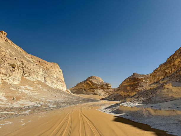 埃及撒哈拉沙漠岩石悬崖间的越野赛道图片下载