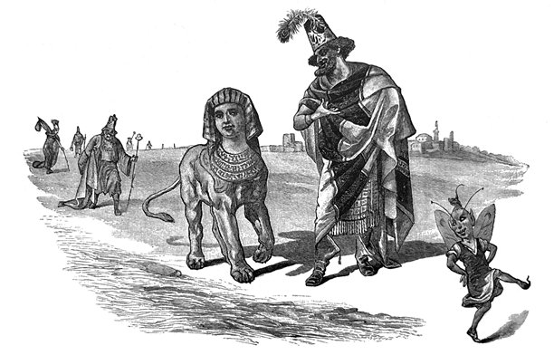 古董插画——一个有翅膀的仙女，引领着一个人面狮身兽和一位男士走在路上图片下载